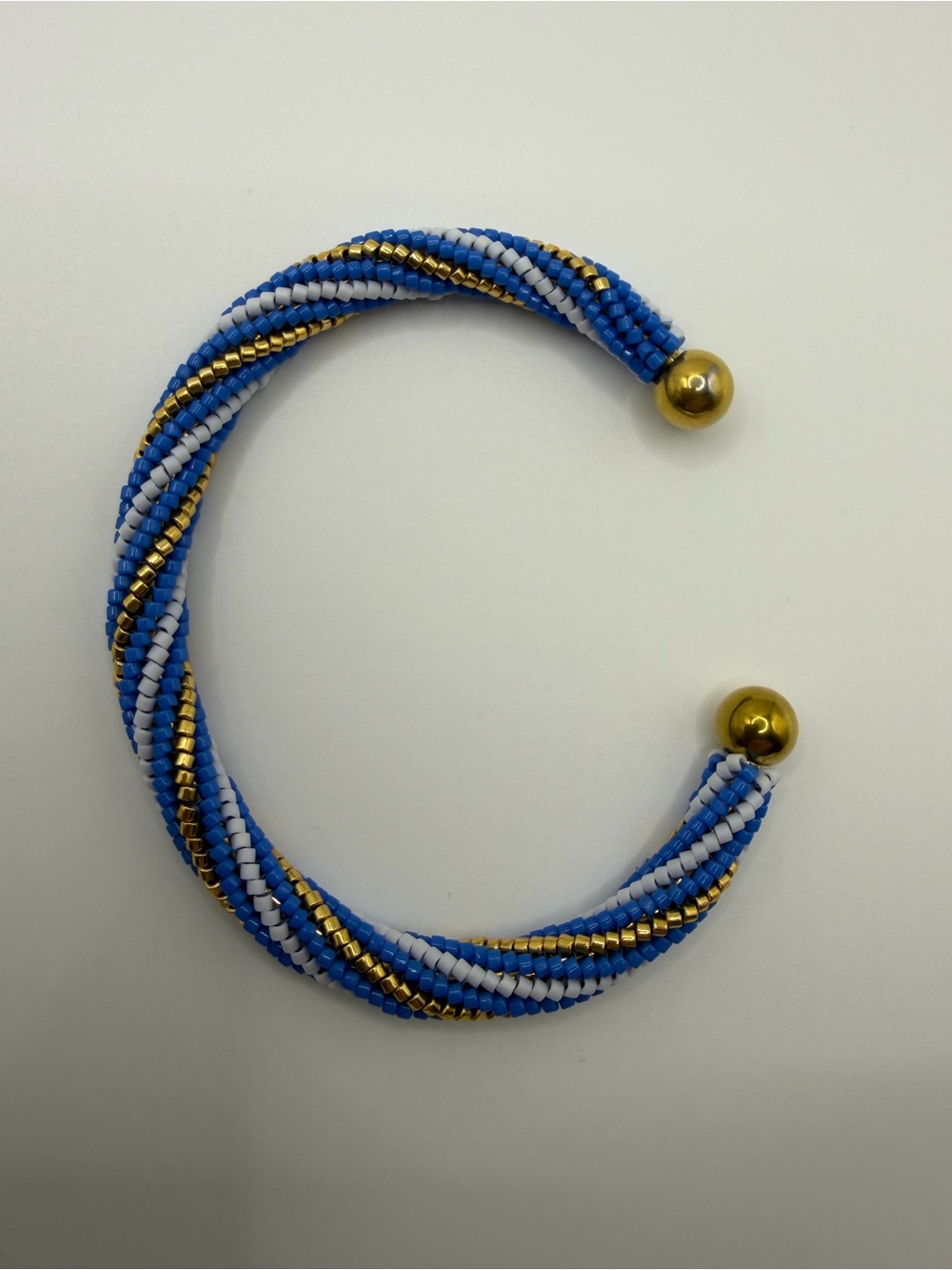 Twisted Beaded Open Cuff Bracelet - Blue, Light Blue & Gold